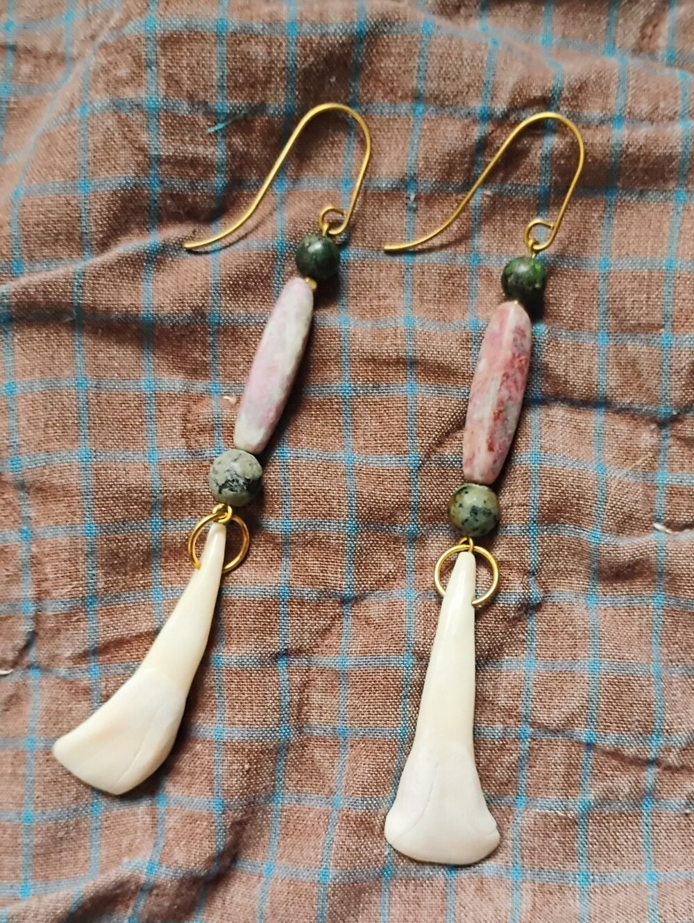Long Buffalo Tooth, African Turquoise, and Vintage Bead Earrings